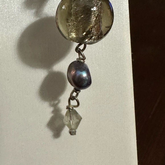 Cracked Smoke Bead and Iridescent Blue Pearls. Pewter tone. Lever Back - Picture 2 of 2